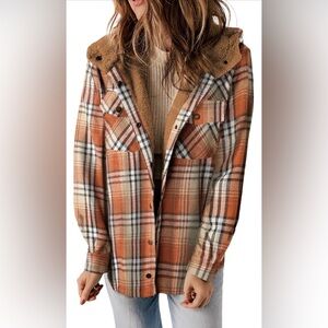 Plaid Button-Up Jacket in Orange and Cream